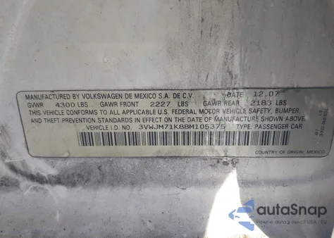 2008 Volkswagen Jetta S z USA, uszkodzony, nr VIN 3VWJM71K88M105375